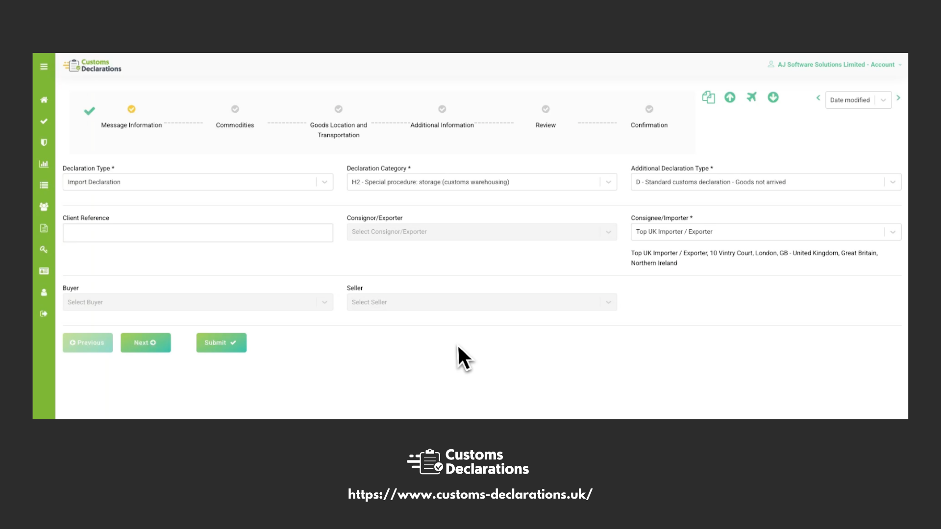 H2 customs warehouse entry form showing importer, declarant, and representative details for UK storage procedure.