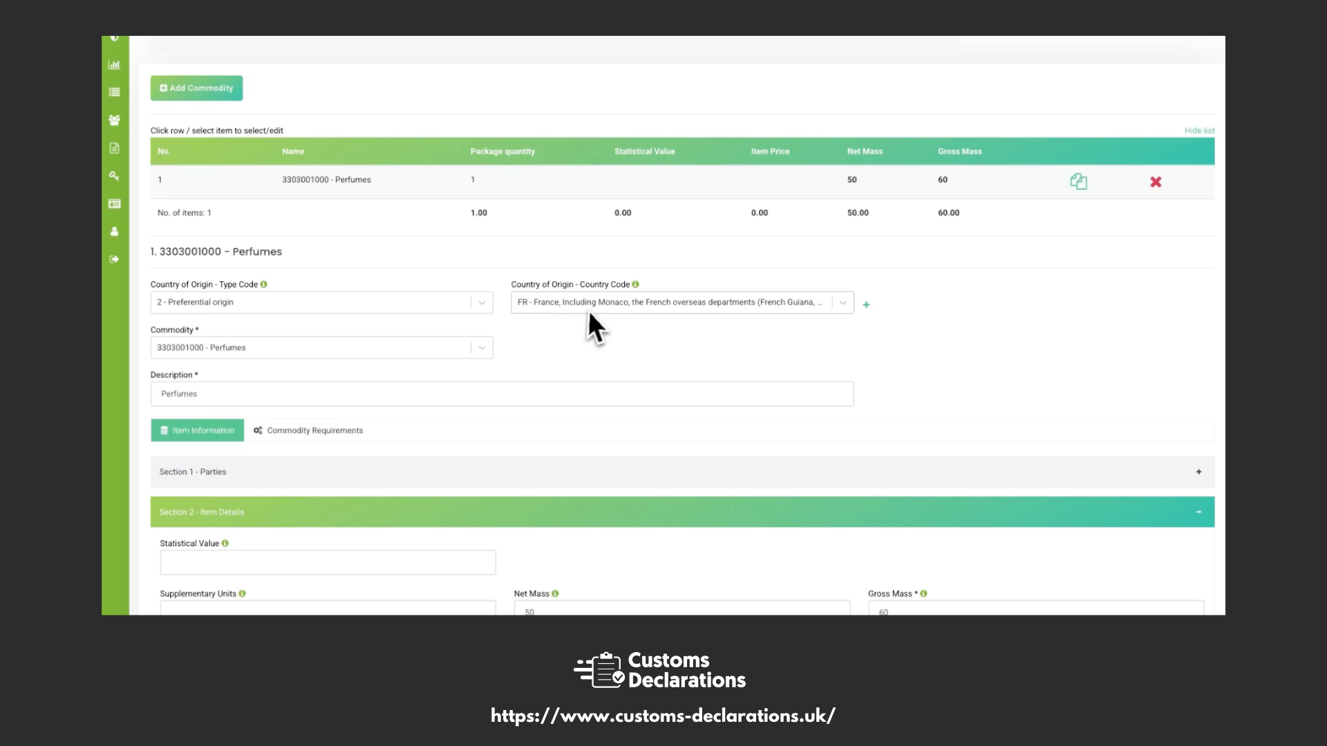 Customs commodity classification and valuation details for import declarations in the UK.
