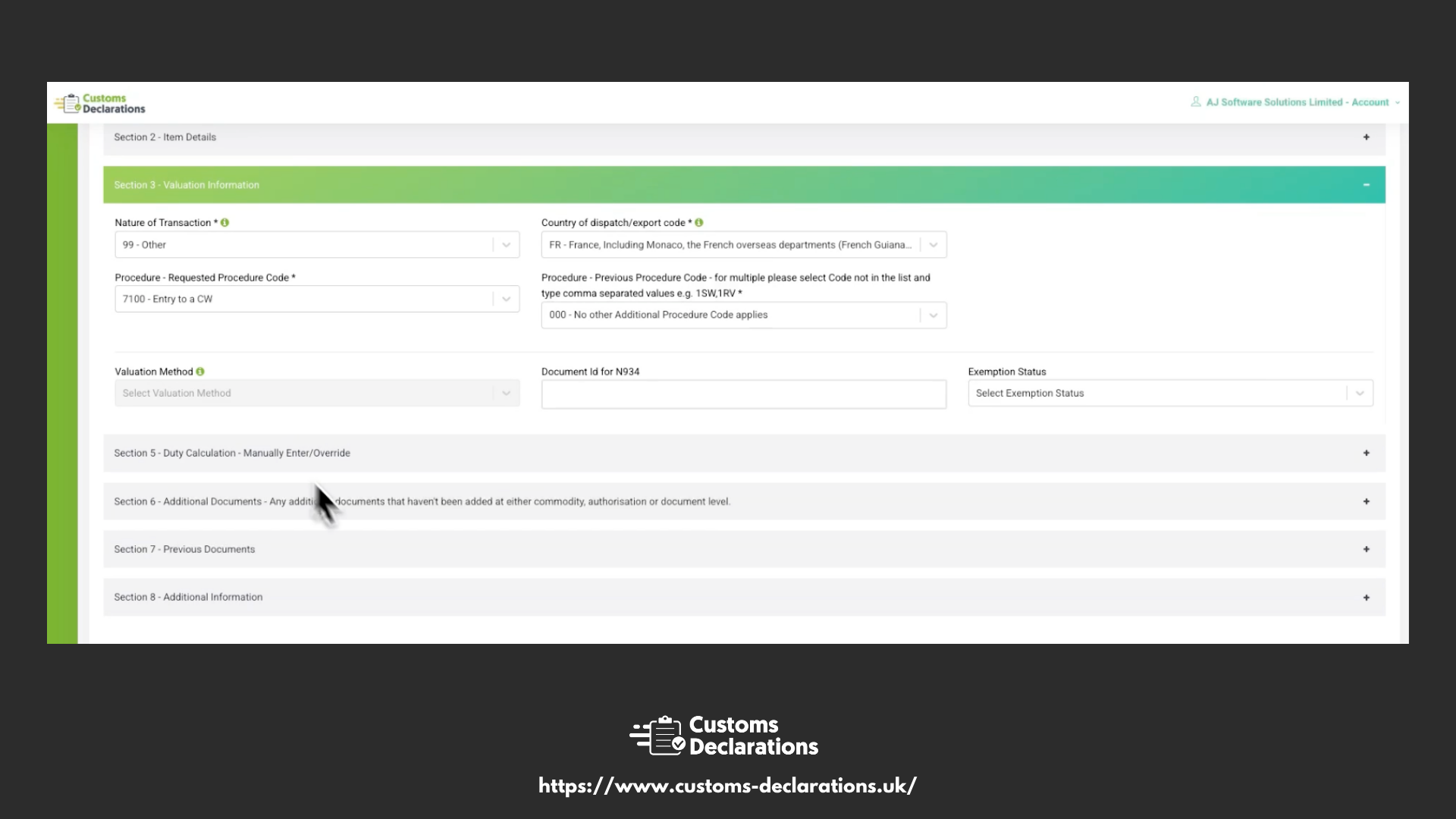 Customs commodity classification and valuation details for import declarations in the UK.