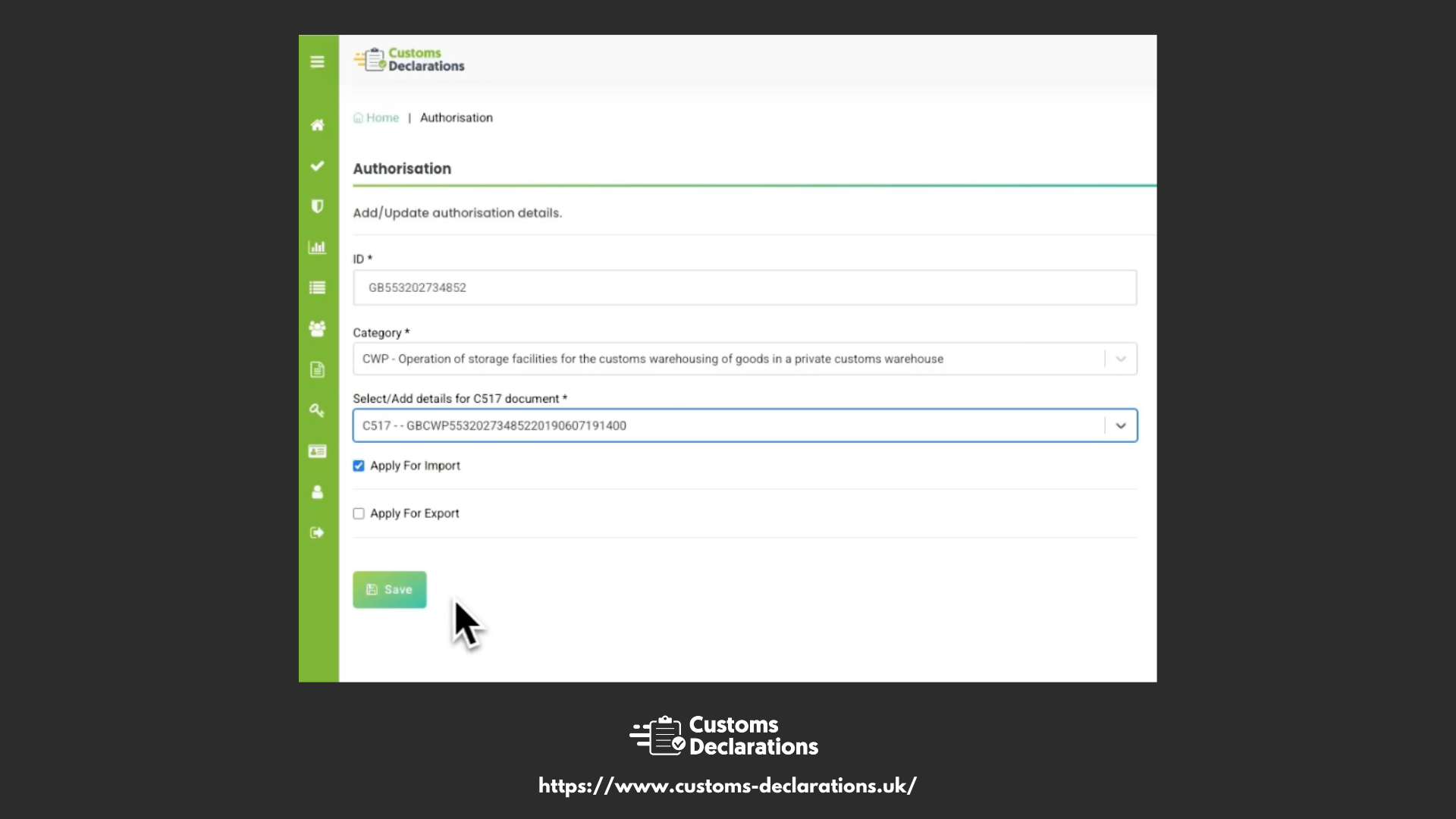 Customs declaration showing guarantees and authorisations for warehousing procedure H2 in the UK.