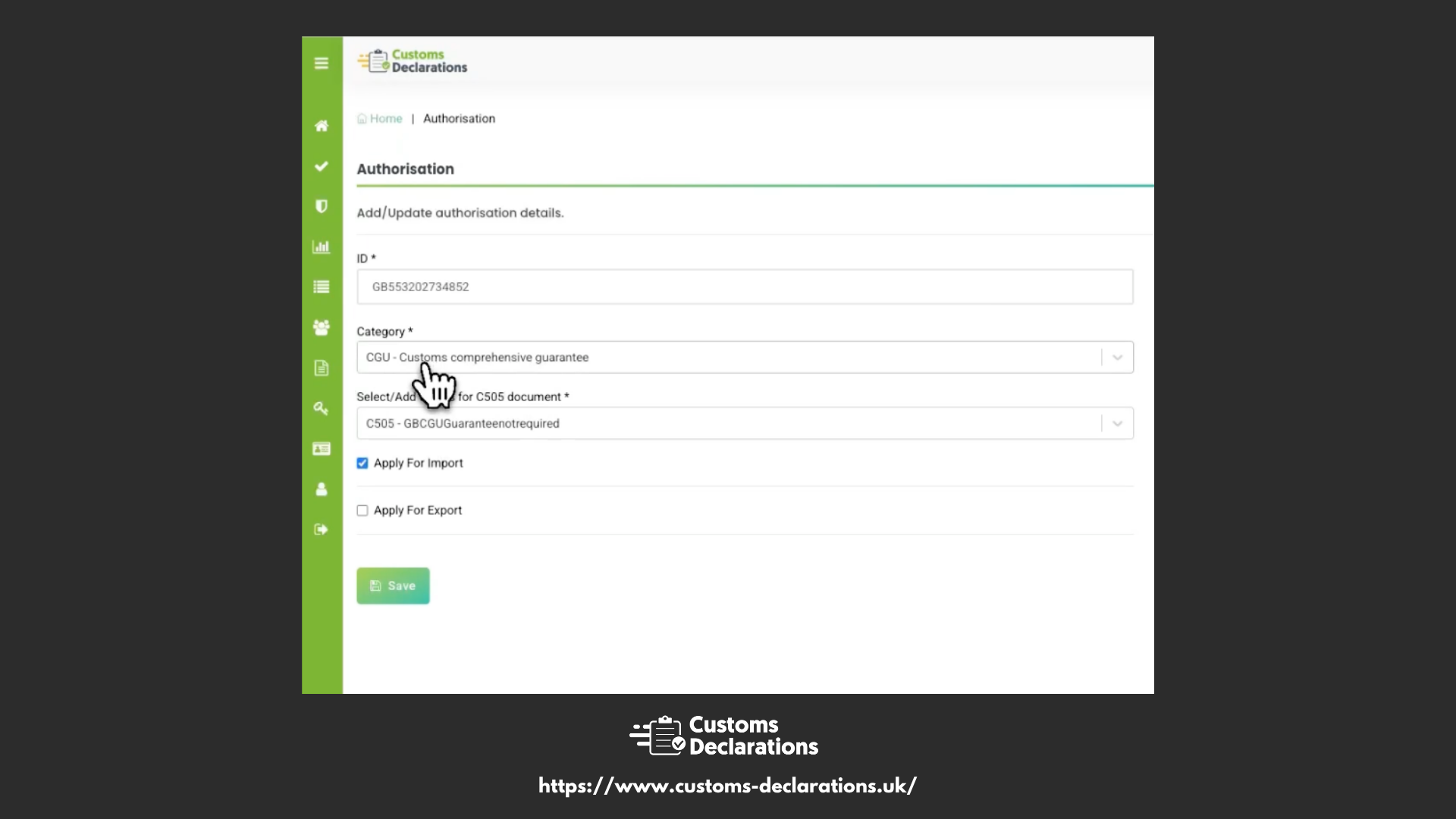 Customs declaration showing guarantees and authorisations for warehousing procedure H2 in the UK.