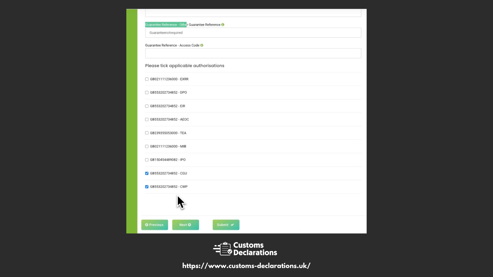 Customs declaration showing guarantees and authorisations for warehousing procedure H2 in the UK.