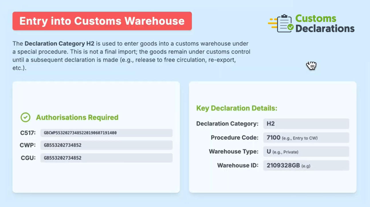 H2 customs warehouse entry form showing declaration category, procedure 7100, and warehouse ID fields.
